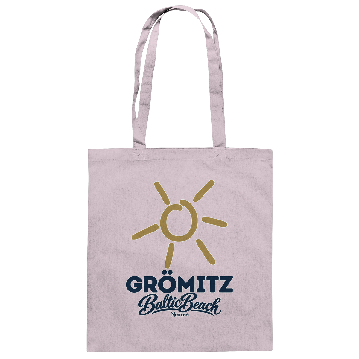 Baumwolltasche Grömitz Sonne Baltic Beach in Pastel Pink – Frontdruck mit goldener Sonne, Shirtigo-Originalmockup 5