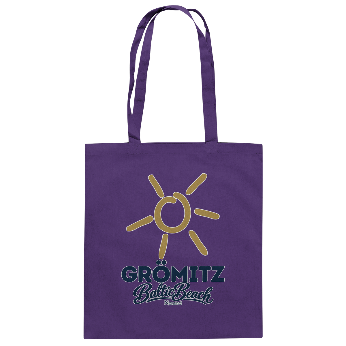 Baumwolltasche Grömitz Sonne Baltic Beach in Purple – Frontdruck mit goldener Sonne, Shirtigo-Originalmockup 10
