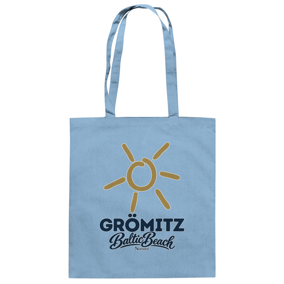 Baumwolltasche Grömitz Sonne Baltic Beach in Sky Blue – Frontdruck mit goldener Sonne, Shirtigo-Originalmockup 3