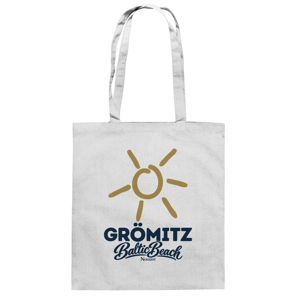 Baumwolltasche Grömitz Sonne Baltic Beach in White – Frontdruck mit goldener Sonne, Shirtigo-Originalmockup 1
