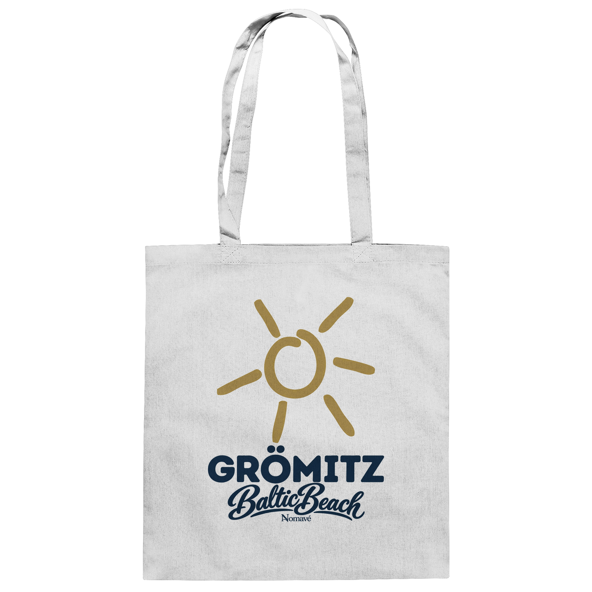 Baumwolltasche Grömitz Sonne Baltic Beach in White – Frontdruck mit goldener Sonne, Shirtigo-Originalmockup 1