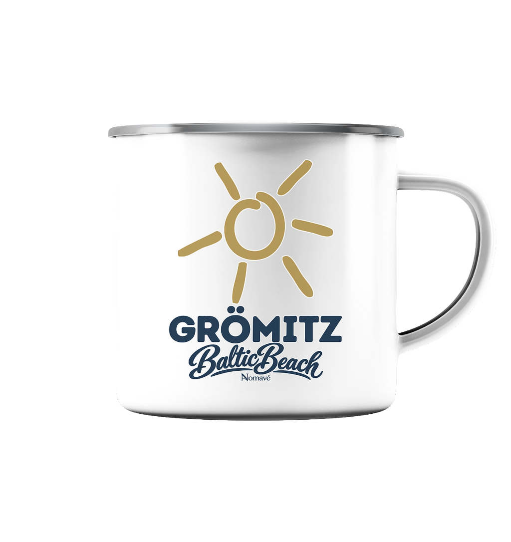 Grömitz Sonne Emaille-Tasse 300 ml in Weiß mit Silberrand und Baltic-Beach-Motiv – Shirtigo-Originalmockup