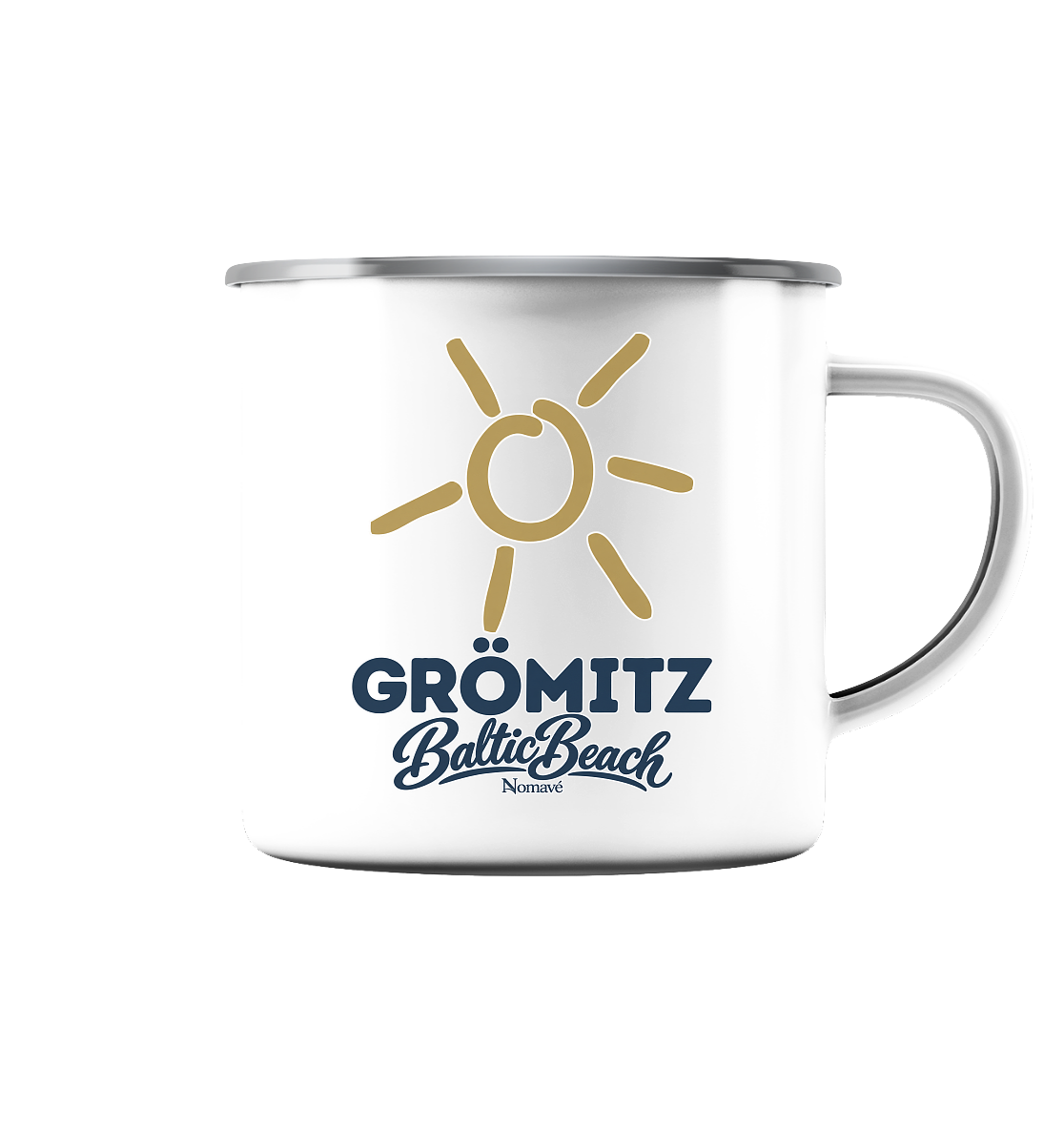 Grömitz Sonne Emaille-Tasse 300 ml in Weiß mit Silberrand und Baltic-Beach-Motiv – Shirtigo-Originalmockup