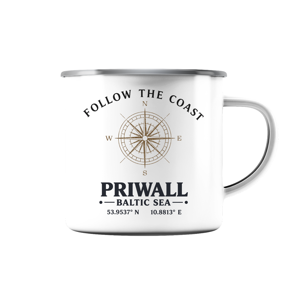 Follow the Coast – Priwall Kompass - Emaille Tasse (Silber)