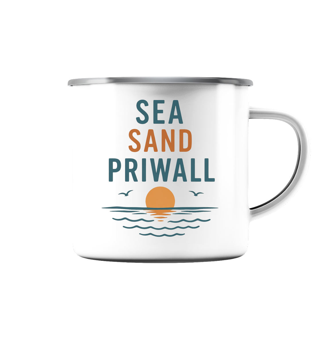 Priwall Vibes Emaille Tasse – Sea Sand Baltic Coast – Camping Becher Ostsee
