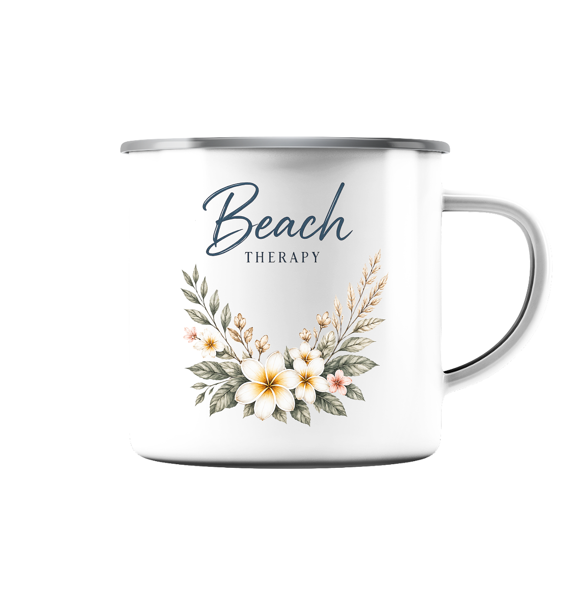 Beach Therapy | Florales Strandmotiv | Sommer | Urlaub | Meer | Blumen | - Emaille Tasse (Silber)