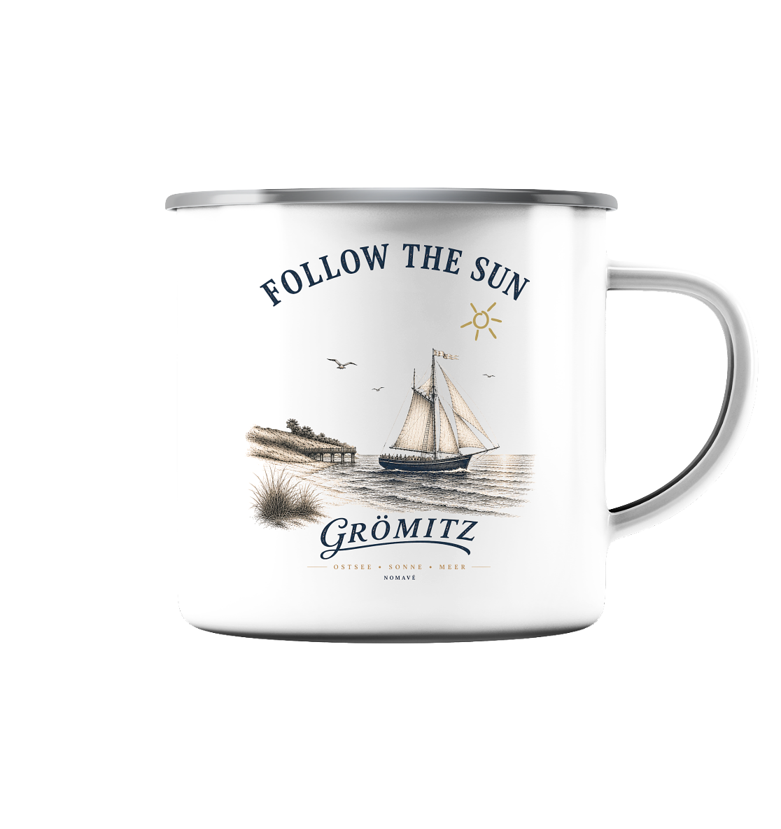 Grömitz - Follow the Sun - Emaille Tasse (Silber)