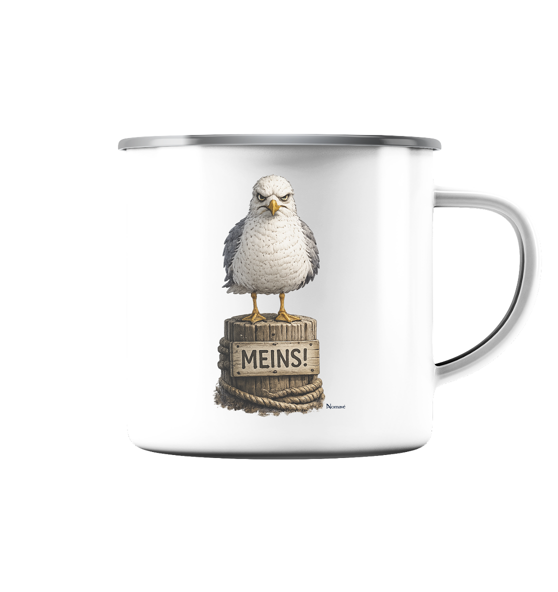 Möwe mit Meinung – MEINS! | - Emaille Tasse (Silber)