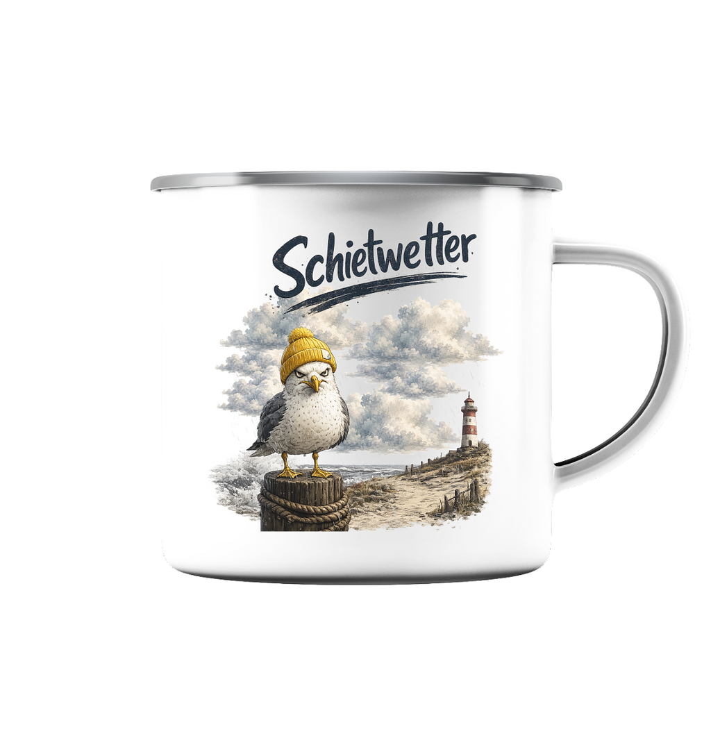 Möwe - Schietwetter - Ostsee - Leuchtturm - Maritimes Küsten Motiv - Für Ostsee und Nordsee - Fans - Emaille Tasse (Silber)