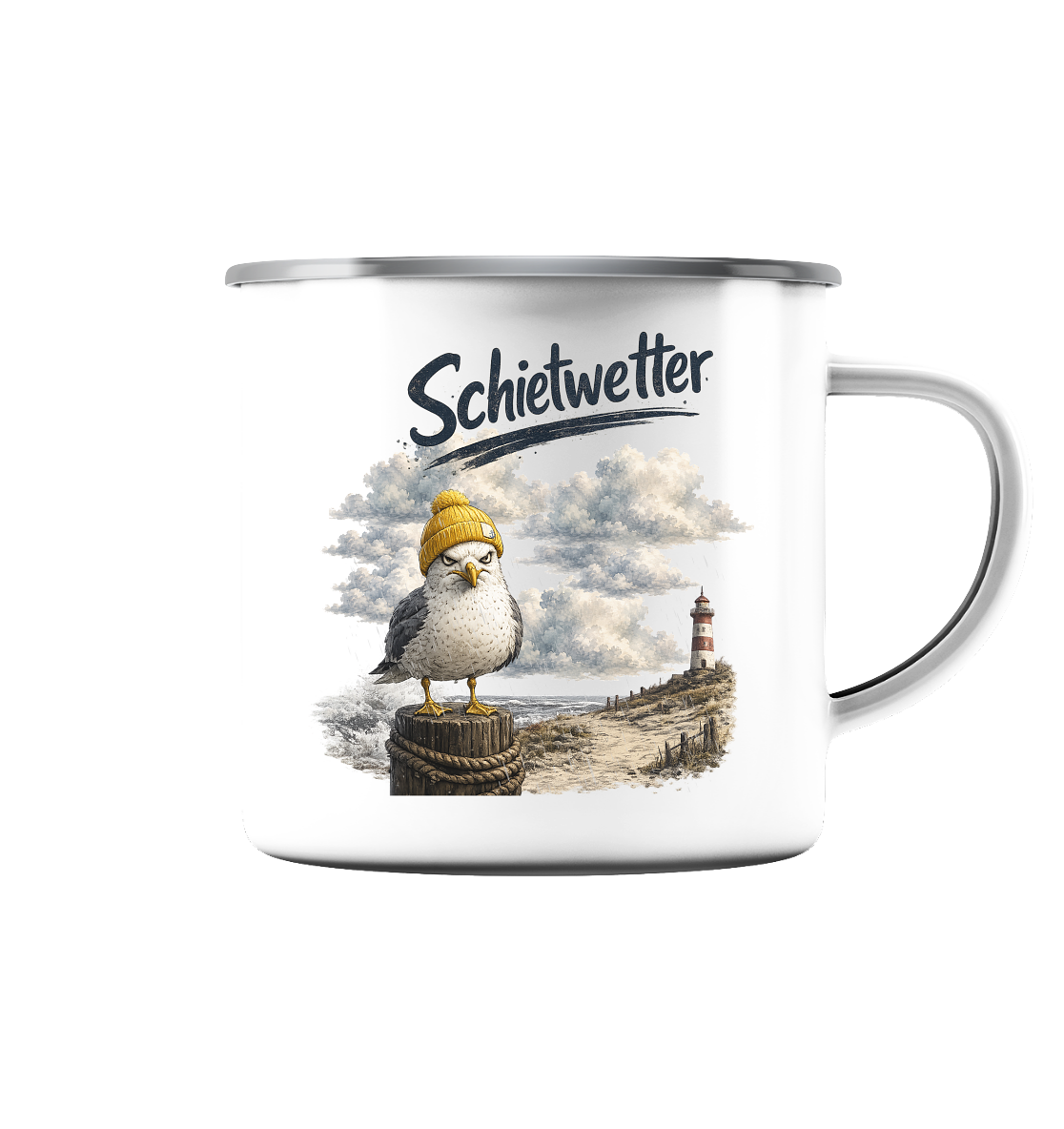 Möwe - Schietwetter - Ostsee - Leuchtturm - Maritimes Küsten Motiv - Für Ostsee und Nordsee - Fans - Emaille Tasse (Silber)