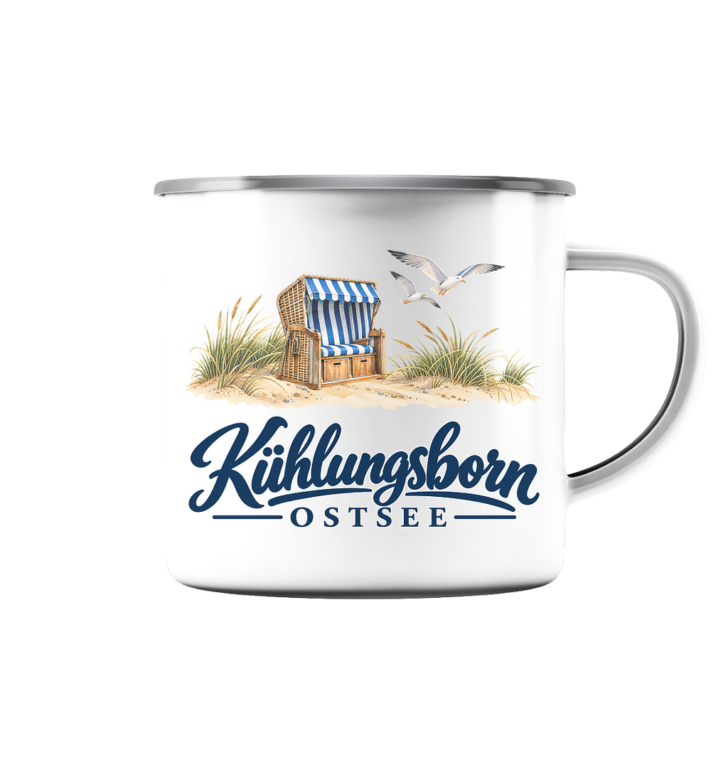 Emaille-Tasse mit Silberrand 300 ml Kühlungsborn – Strandkorb & Ostsee, White glossy, Shirtigo-Originalmockup der bedruckten Vorderseite.