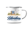 Emaille-Tasse mit Silberrand 300 ml Kühlungsborn – Strandkorb & Ostsee, White glossy, Shirtigo-Originalmockup der bedruckten Vorderseite.