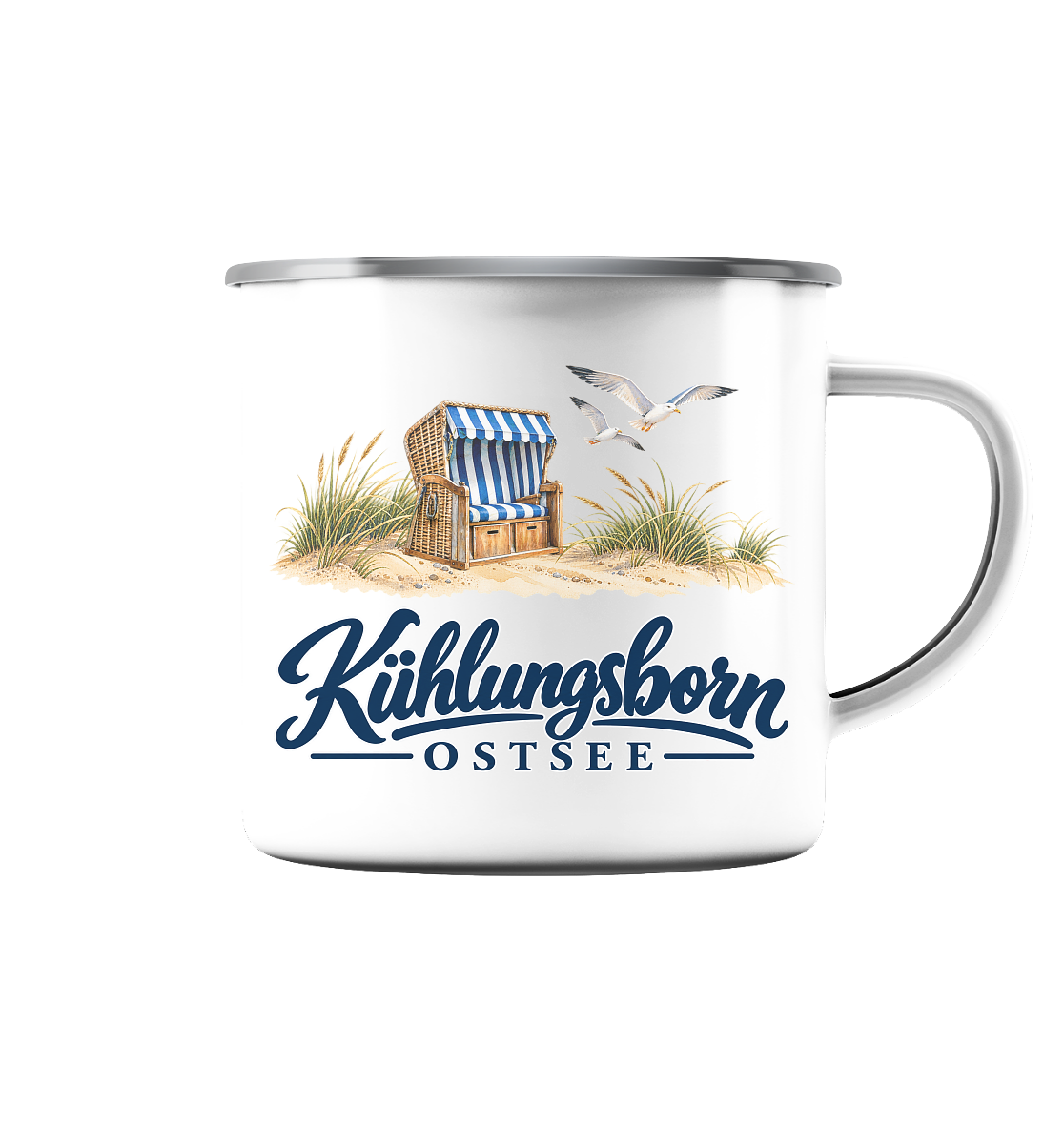 Emaille-Tasse mit Silberrand 300 ml Kühlungsborn – Strandkorb & Ostsee, White glossy, Shirtigo-Originalmockup der bedruckten Vorderseite.