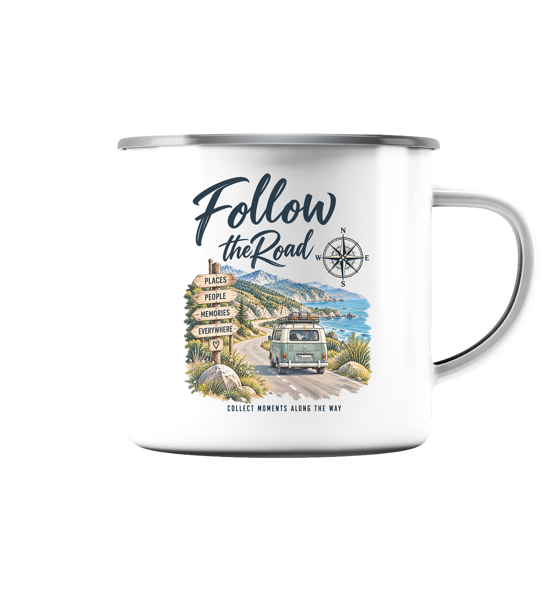 Follow the Road – Vanlife – Emaille-Campingbecher – Landschaftsmotiv