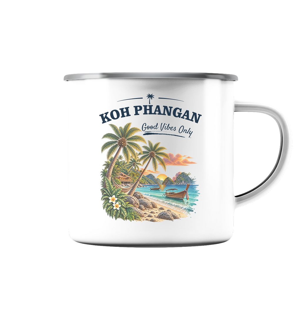 Koh Phangan Good Vibes Only – Emaille-Tasse 300 ml – Original-Mockup emaille tasse silber ffffff 1116x_b66844af 7542 4c1f 8a69 661183c42e35 mit Motivdruck