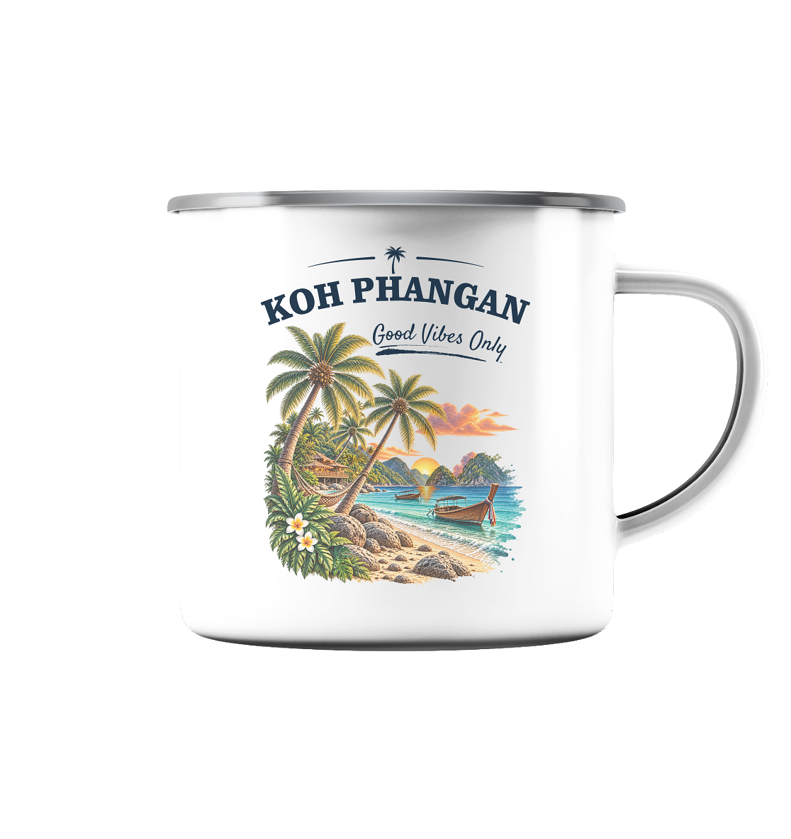 Koh Phangan Good Vibes Only – Emaille-Tasse 300 ml – Original-Mockup emaille tasse silber ffffff 1116x_b66844af 7542 4c1f 8a69 661183c42e35 mit Motivdruck