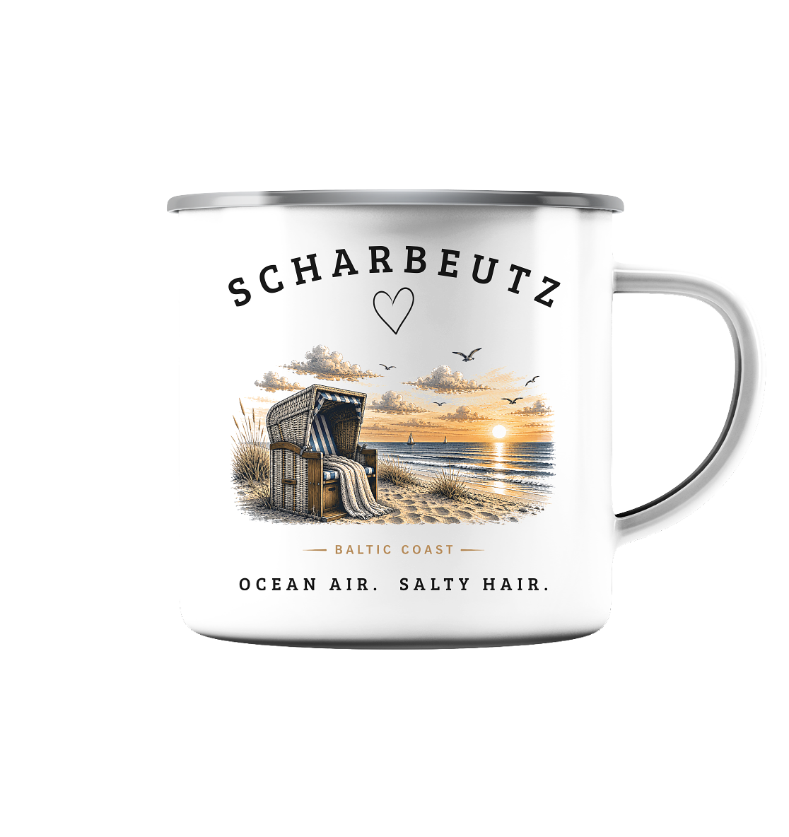 Scharbeutz Ostsee Emaille Becher – Strandkorb Sonnenuntergang