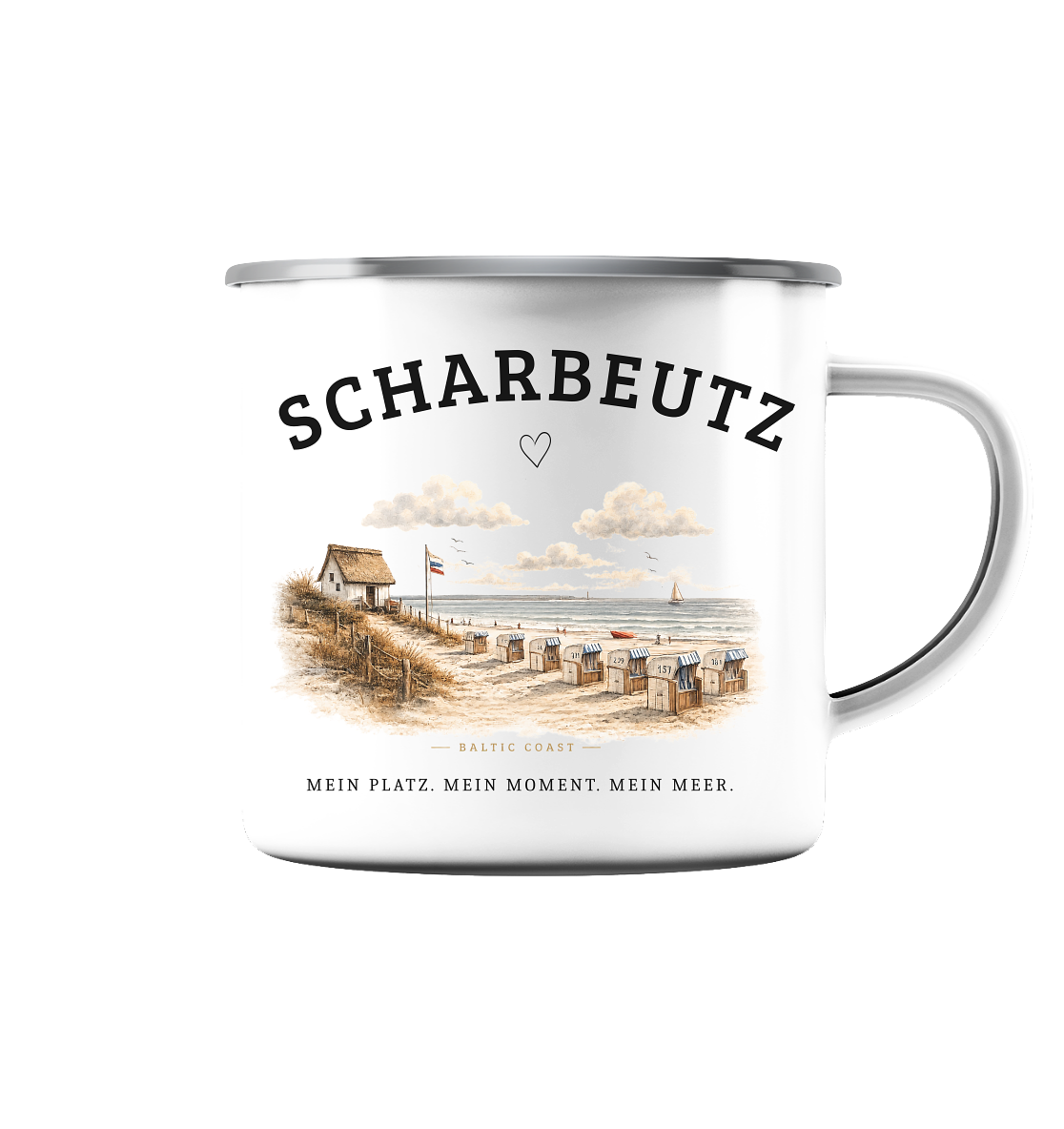 Scharbeutz Emaille Tasse – Strandhaus am Meer – Ostsee Camping Becher