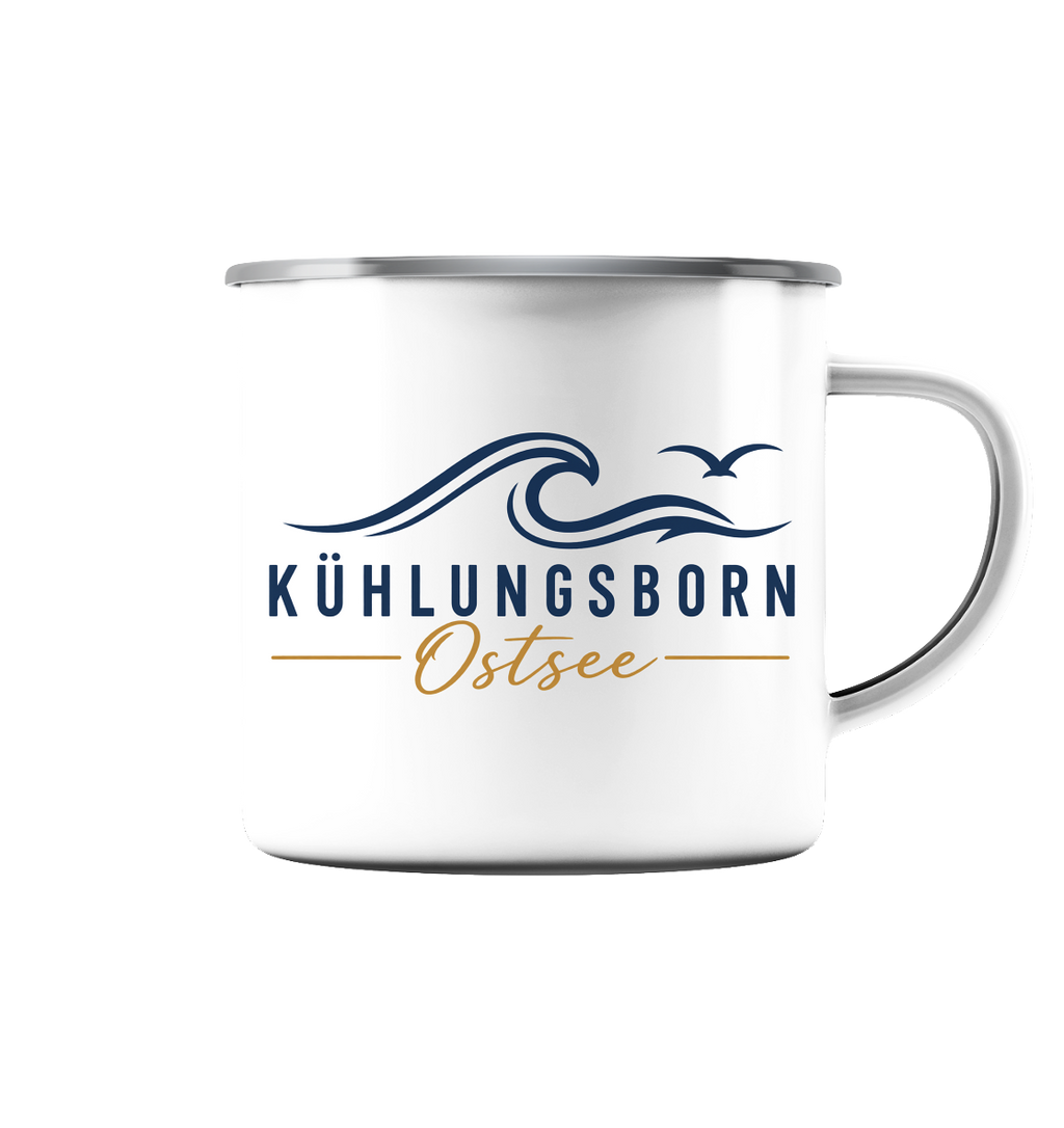 Kühlungsborn Baltic Waves Emaille-Tasse 300 ml Light Edition in White glossy – originales Shirtigo-Produktmockup