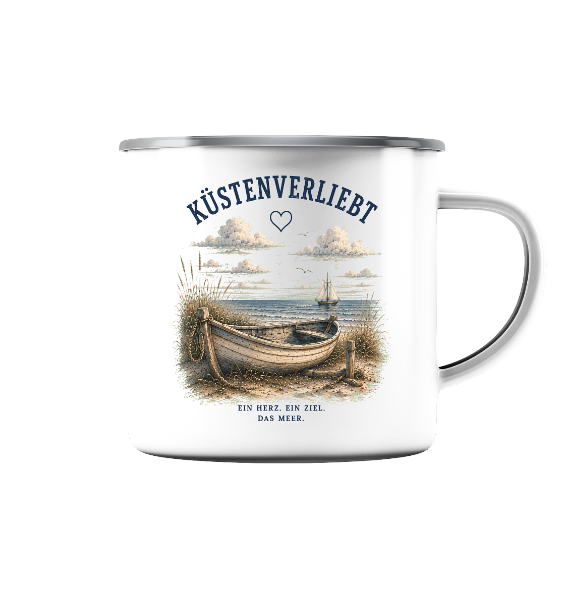 Küstenverliebt Emaille Tasse – Zuhause ist, wo das Meer ist | Campingbecher Küste