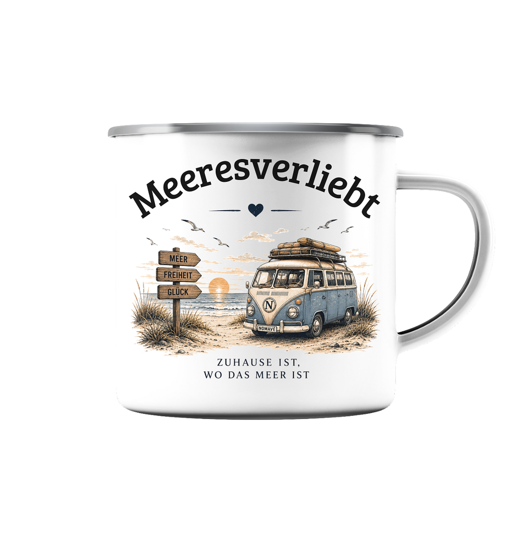 Meeresverliebt Emaille Tasse Bulli Vanlife Camping – Outdoor Becher Küstengefühl