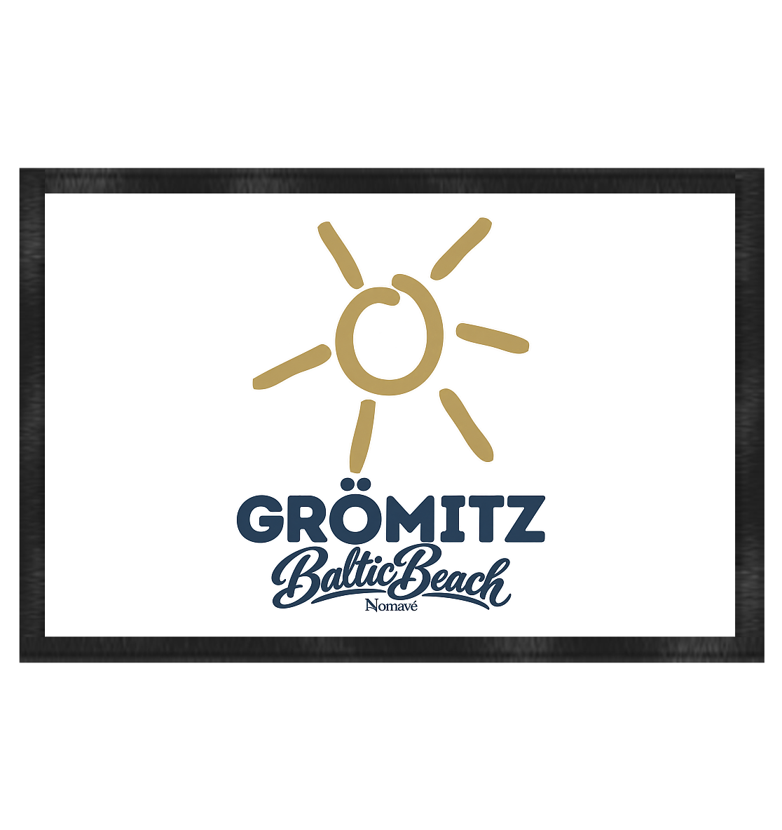Grömitz Sonne Fußmatte 60 × 40 cm mit weißer Oberfläche, schwarzem Rand und Baltic-Beach-Motiv – Shirtigo-Originalmockup
