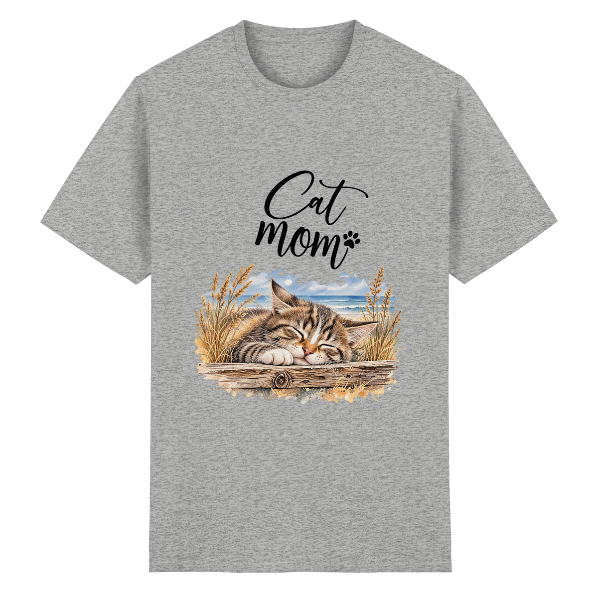 Unisex Heavy-Cotton-T-Shirt in Ash Grey mit Cat-Mom-Katzenmotiv als Frontprint – Vorderansicht im Original-Mockup.