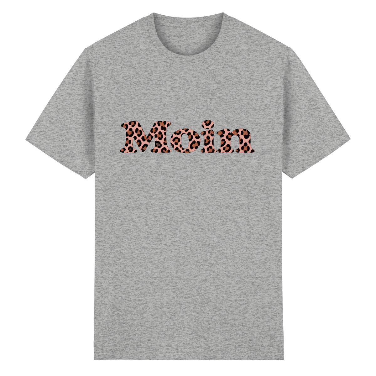 Heavy-Cotton-T-Shirt in Ash Grey mit Moin-Leo-Blush-Pink-Frontprint.