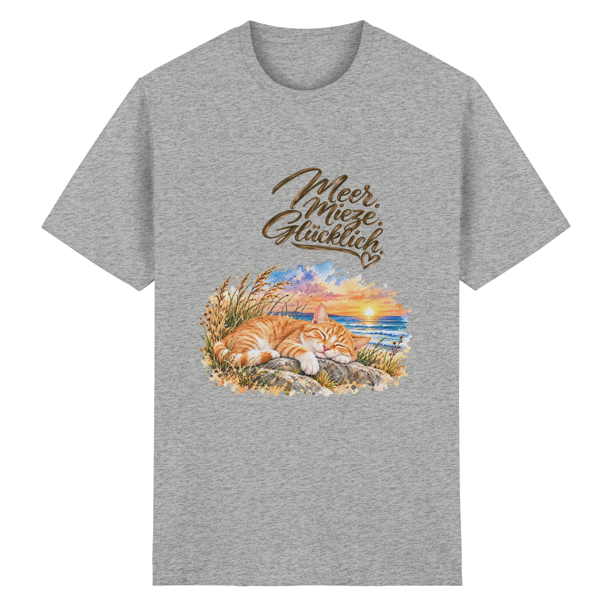 Original-Mockup: Unisex Heavy-Cotton-T-Shirt in Ash Grey mit Meer. Mieze. Glücklich.-Katzenmotiv auf der Vorderseite.