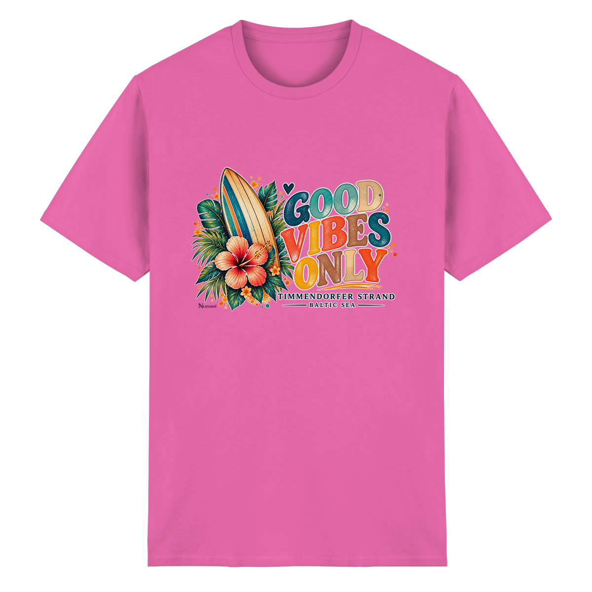 Timmendorfer Strand – Surf Vibes – Heavy-Cotton-T-Shirt mit Frontprint – Azalea; originales Katalogmockup der Vorderansicht mit Frontprint.