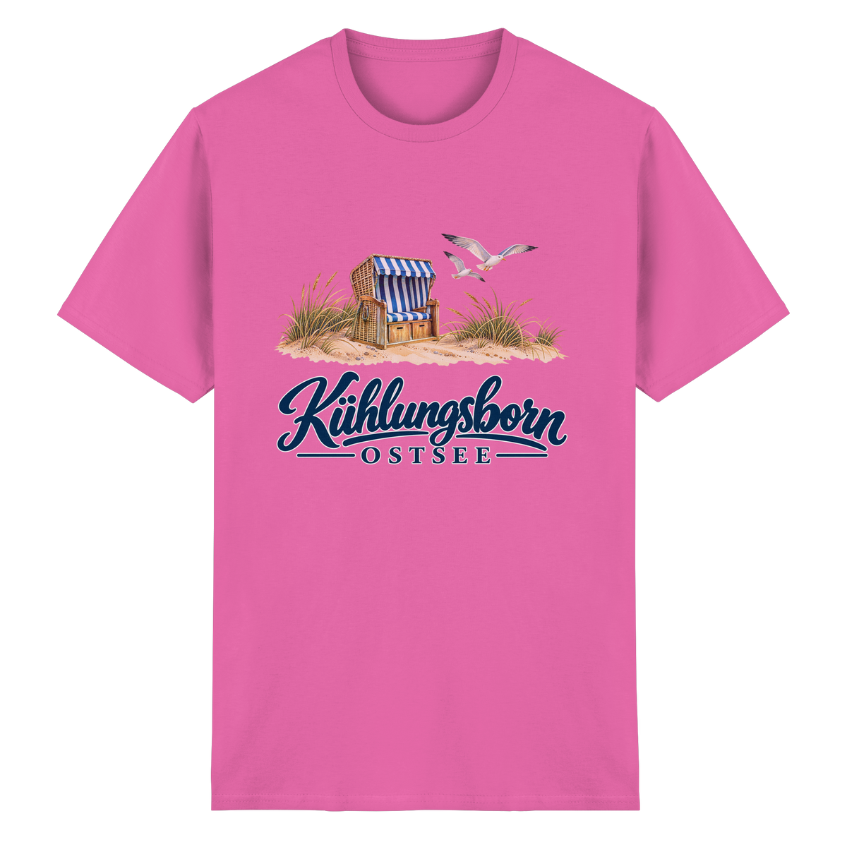 Unisex-T-Shirt Heavy Cotton Kühlungsborn – Strandkorb & Ostsee in Azalea, Shirtigo-Originalmockup der Vorderseite mit Strandkorbmotiv.