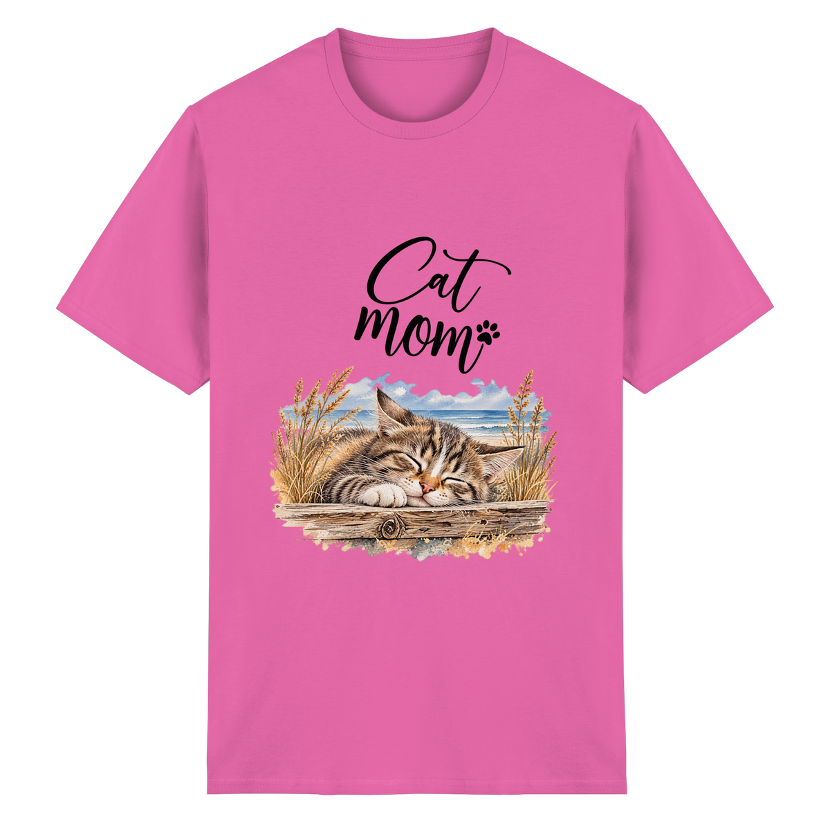Unisex Heavy-Cotton-T-Shirt in Azalea mit Cat-Mom-Katzenmotiv als Frontprint – Vorderansicht im Original-Mockup.