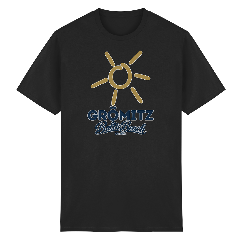 Essential T-Shirt Grömitz Sonne Baltic Beach in Black – Frontdruck mit goldener Sonne, Shirtigo-Originalmockup 13