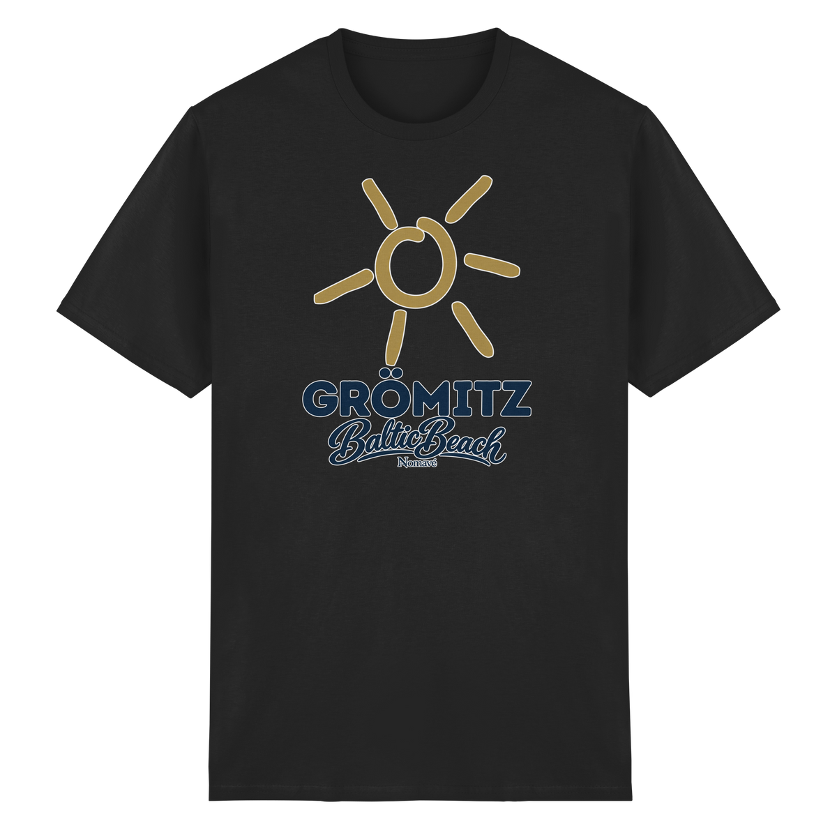 Essential T-Shirt Grömitz Sonne Baltic Beach in Black – Frontdruck mit goldener Sonne, Shirtigo-Originalmockup 13