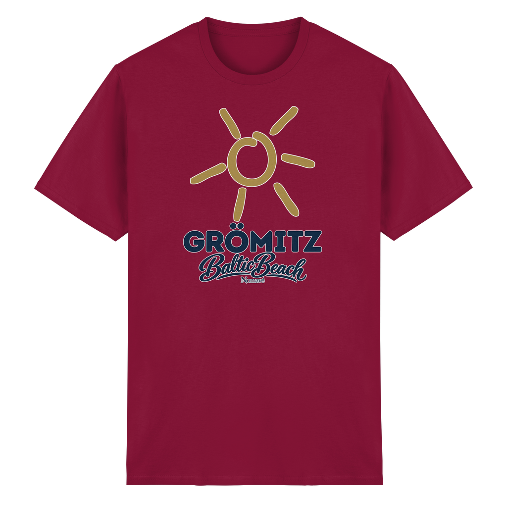 Essential T-Shirt Grömitz Sonne Baltic Beach in Cardinal Red – Frontdruck mit goldener Sonne, Shirtigo-Originalmockup 14