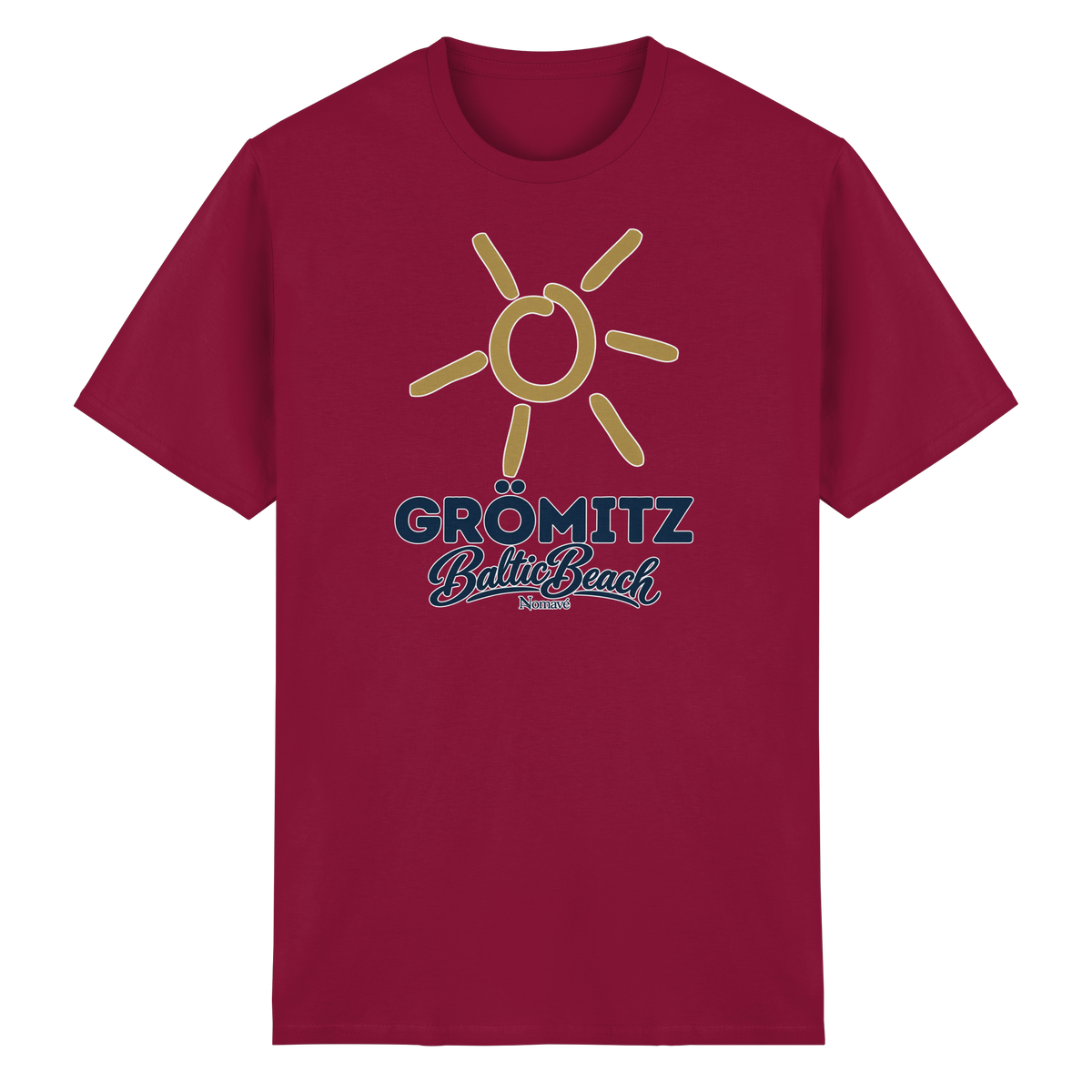 Essential T-Shirt Grömitz Sonne Baltic Beach in Cardinal Red – Frontdruck mit goldener Sonne, Shirtigo-Originalmockup 14
