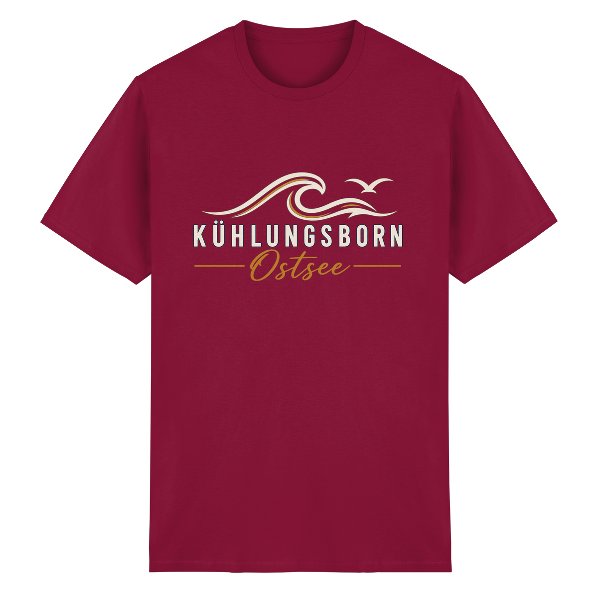 Kühlungsborn Baltic Waves Essential Unisex-T-Shirt Dark Edition in Cardinal Red – originales Shirtigo-Produktmockup