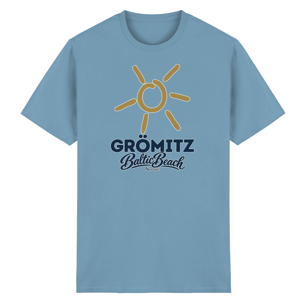 Essential T-Shirt Grömitz Sonne Baltic Beach in Carolina Blue – Frontdruck mit goldener Sonne, Shirtigo-Originalmockup 7