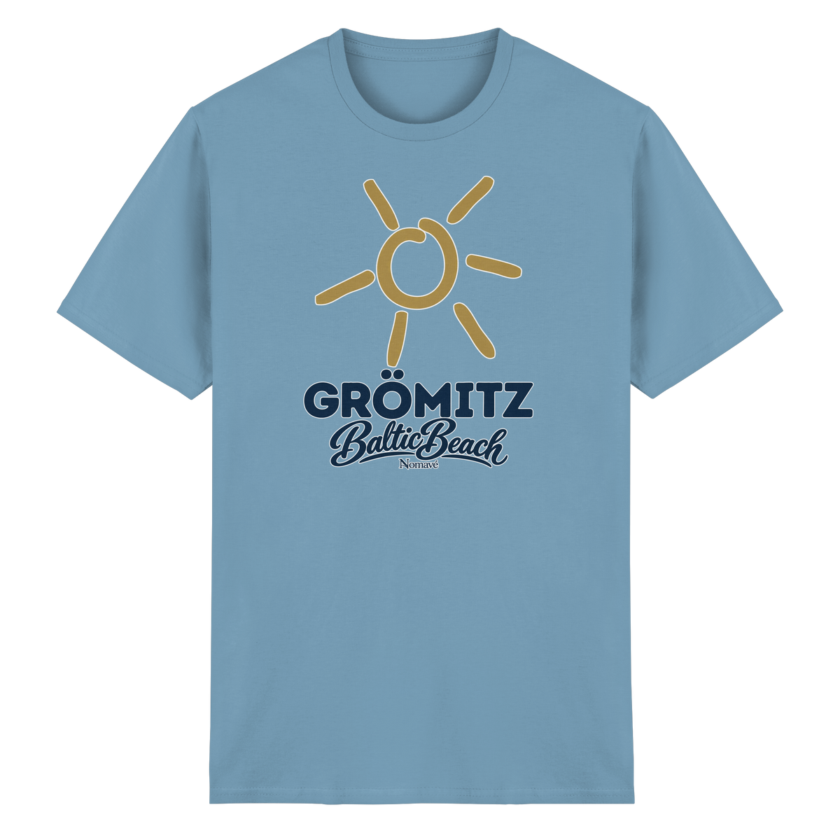 Essential T-Shirt Grömitz Sonne Baltic Beach in Carolina Blue – Frontdruck mit goldener Sonne, Shirtigo-Originalmockup 7