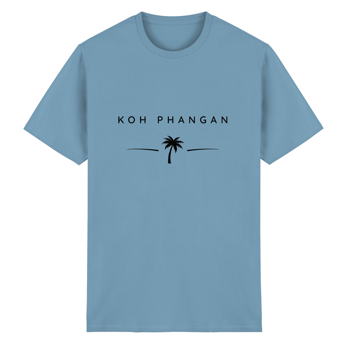 Frontansicht des Essential T-Shirt in Carolina Blue mit Koh Phangan Minimal Palm Frontprint