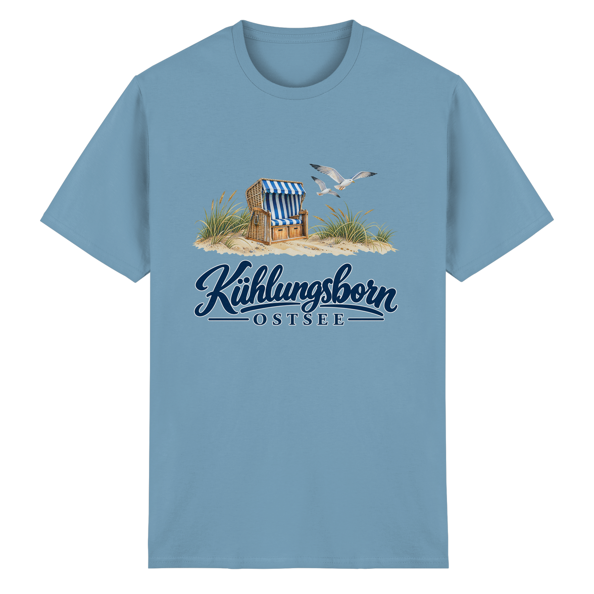 Unisex-T-Shirt Heavy Cotton Kühlungsborn – Strandkorb & Ostsee in Carolina Blue, Shirtigo-Originalmockup der Vorderseite mit Strandkorbmotiv.