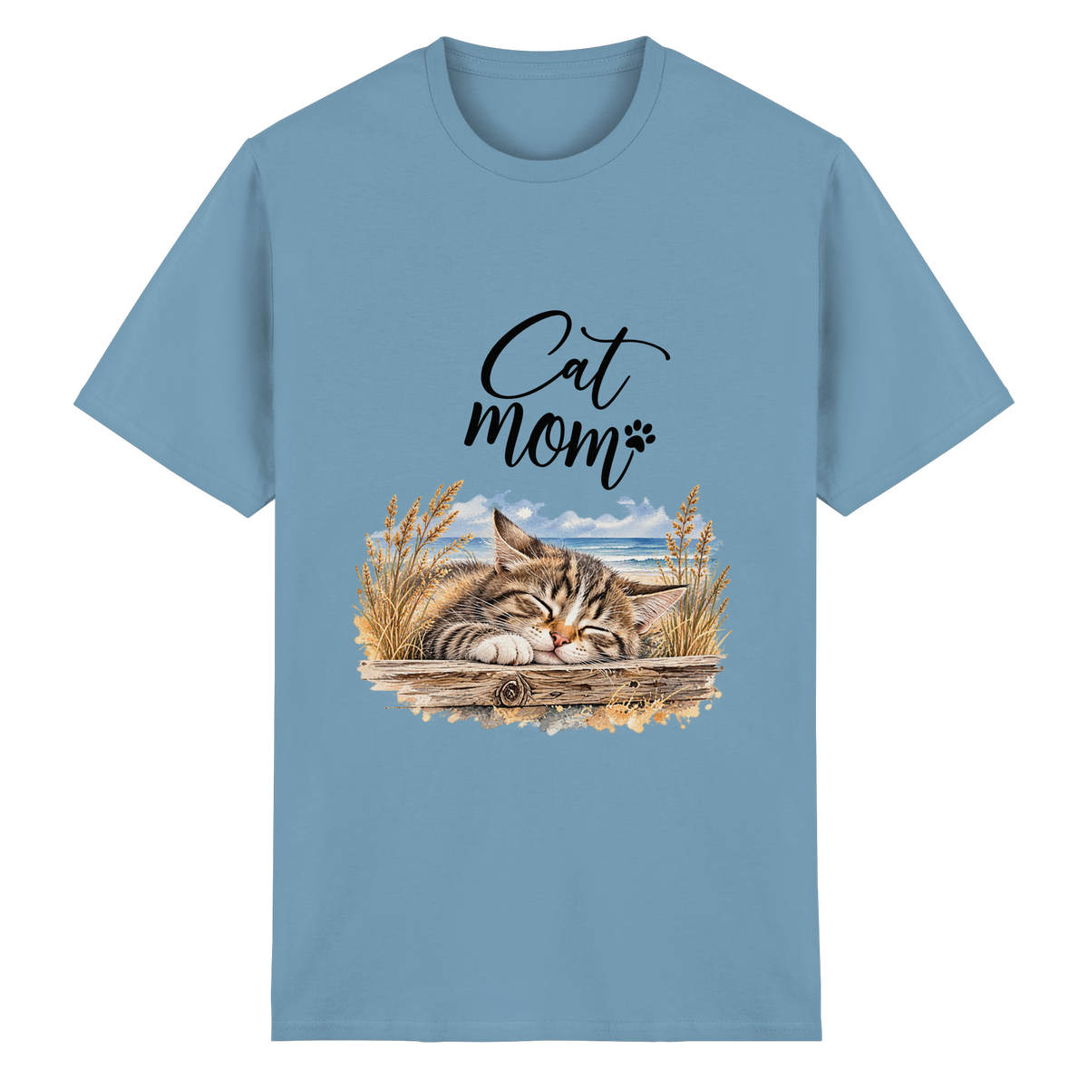 Unisex Heavy-Cotton-T-Shirt in Carolina Blue mit Cat-Mom-Katzenmotiv als Frontprint – Vorderansicht im Original-Mockup.