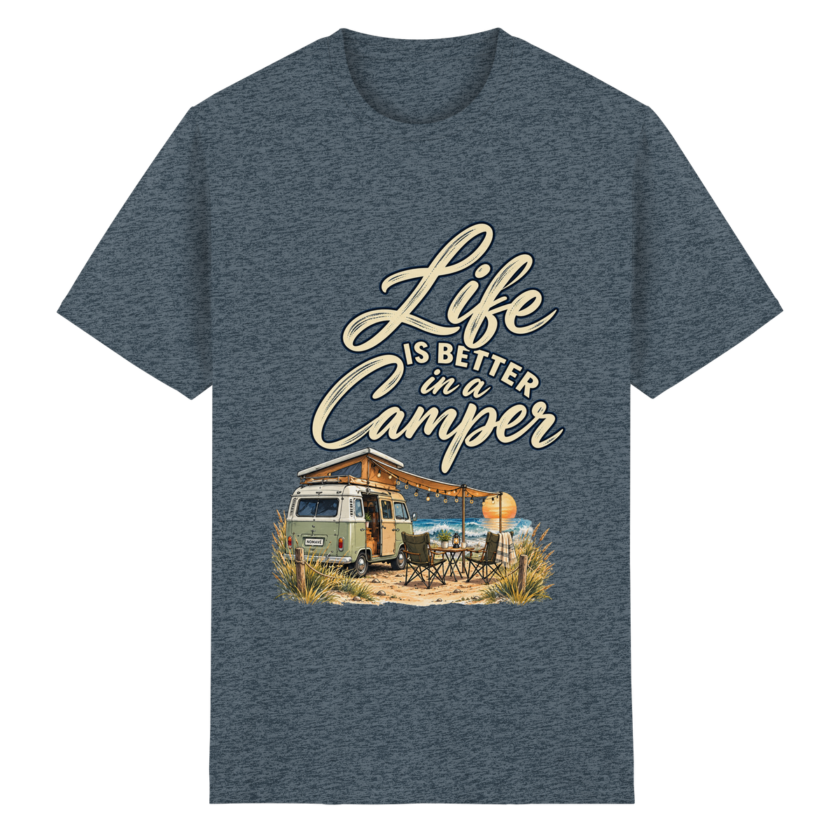 Essential T-Shirt in Dark Heather mit „Life is better in a Camper“-Motiv – Vorderansicht für Vanlife- und Campingfans