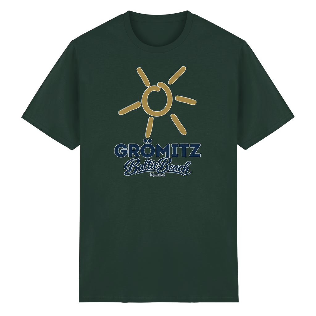 Essential T-Shirt Grömitz Sonne Baltic Beach in Forest Green – Frontdruck mit goldener Sonne, Shirtigo-Originalmockup 11