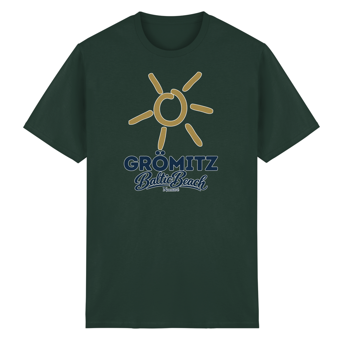 Essential T-Shirt Grömitz Sonne Baltic Beach in Forest Green – Frontdruck mit goldener Sonne, Shirtigo-Originalmockup 11
