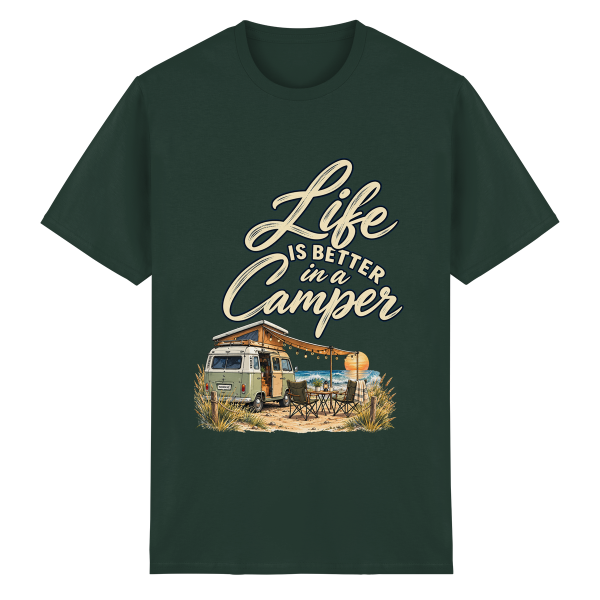 Essential T-Shirt in Forest Green mit „Life is better in a Camper“-Motiv – Vorderansicht für Vanlife- und Campingfans
