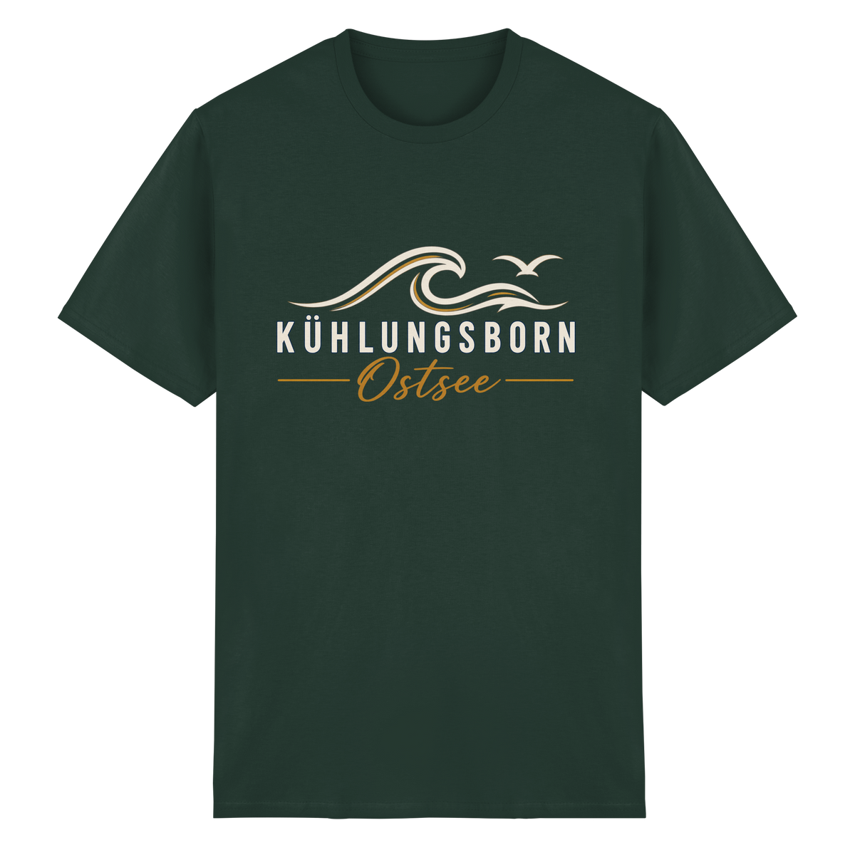 Kühlungsborn Baltic Waves Essential Unisex-T-Shirt Dark Edition in Forest Green – originales Shirtigo-Produktmockup