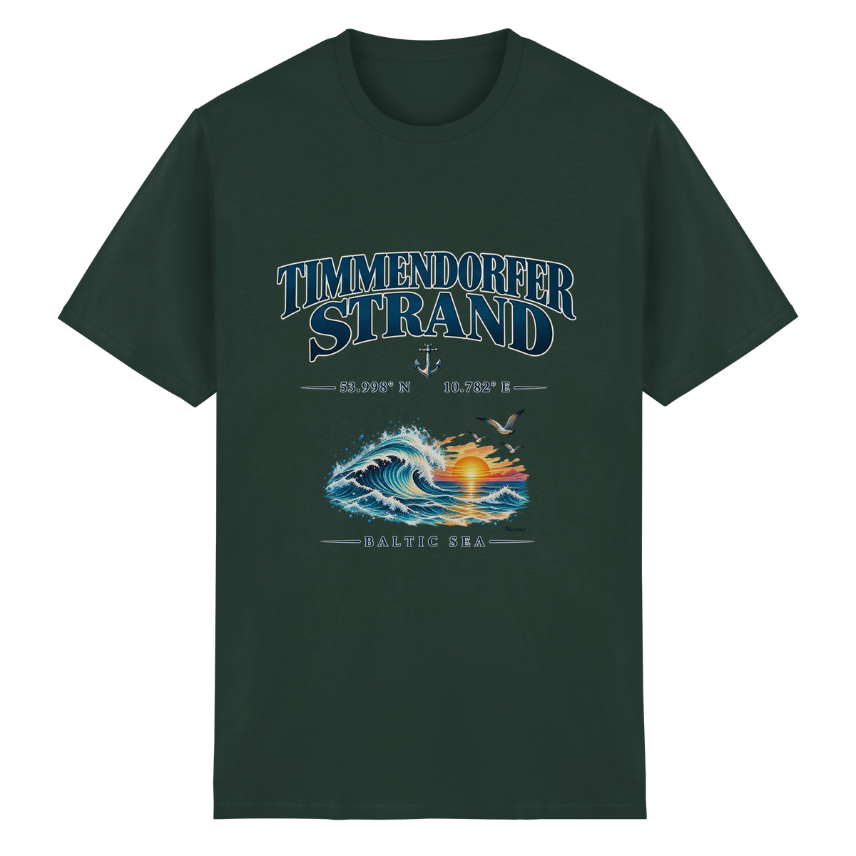 Original-Mockup 15: Unisex Heavy-Cotton-T-Shirt in Forest Green mit Timmendorfer Strand – Baltic Sea Frontprint.