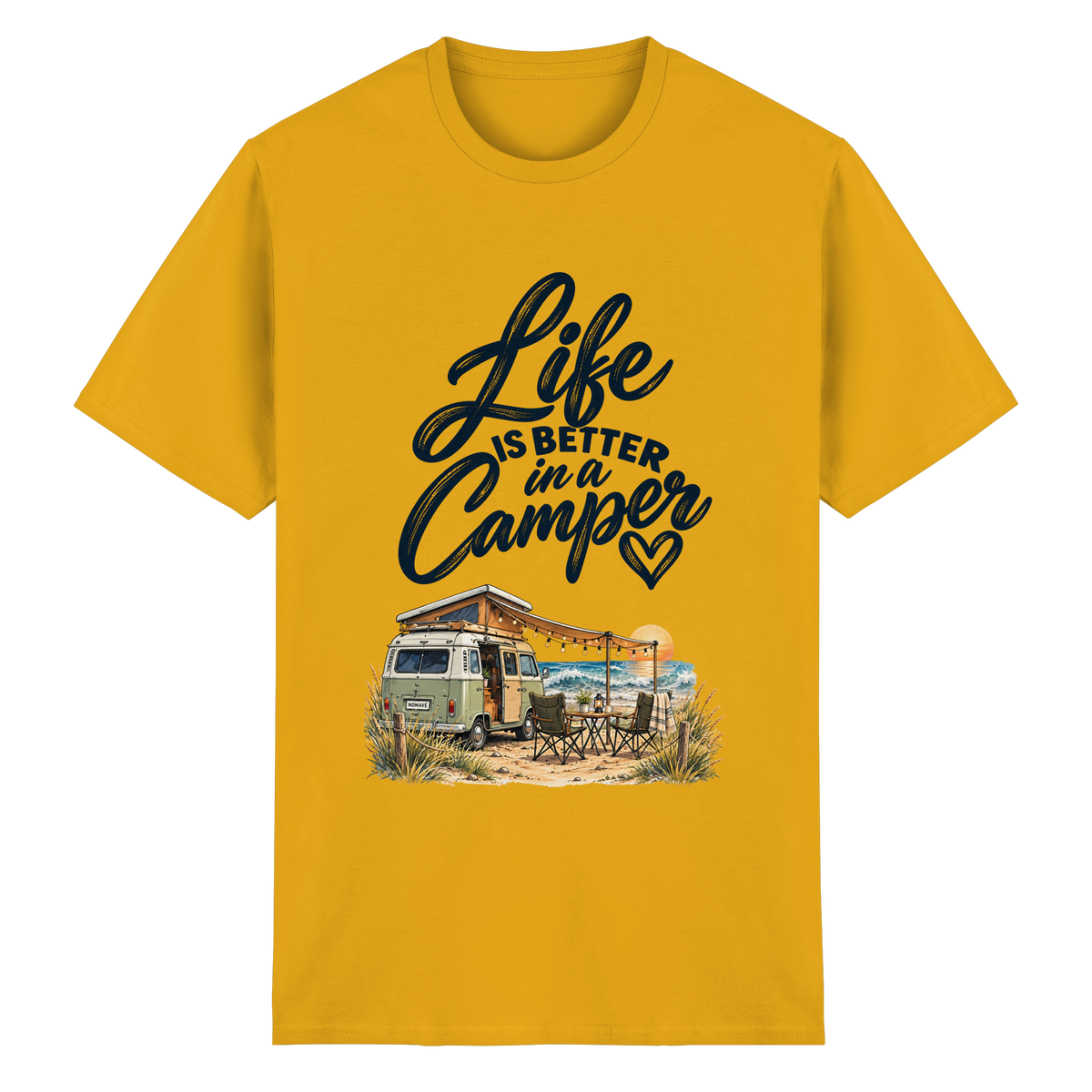 Essential T-Shirt mit „Life is better in a Camper“-Motiv – Vorderansicht in Gold für Vanlife- und Campingfans