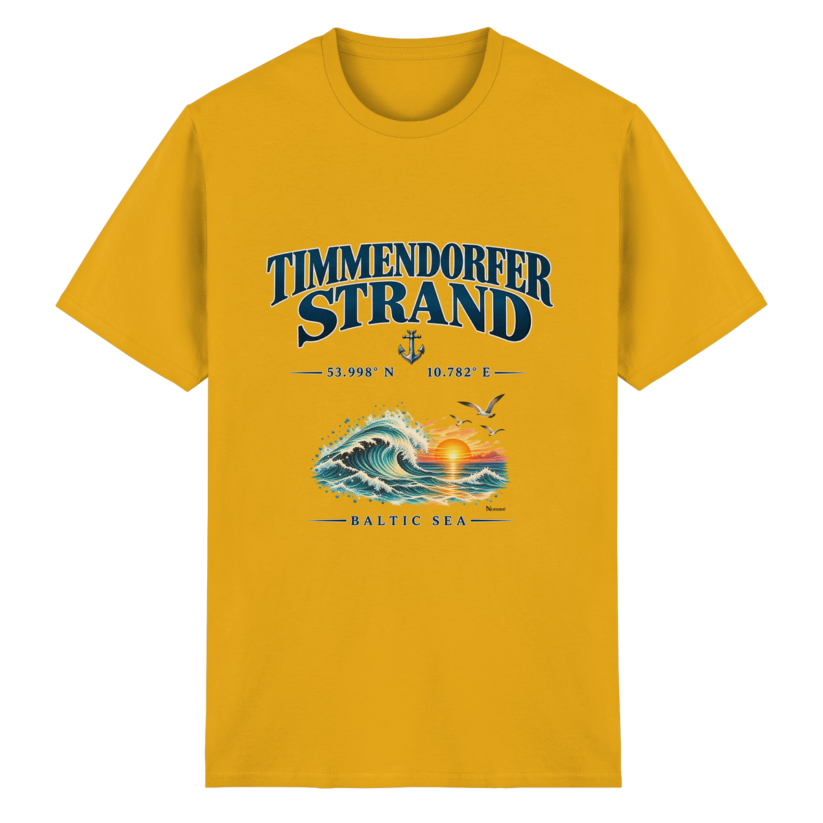 Original-Mockup 8: Unisex Heavy-Cotton-T-Shirt in Gold mit Timmendorfer Strand – Baltic Sea Frontprint.